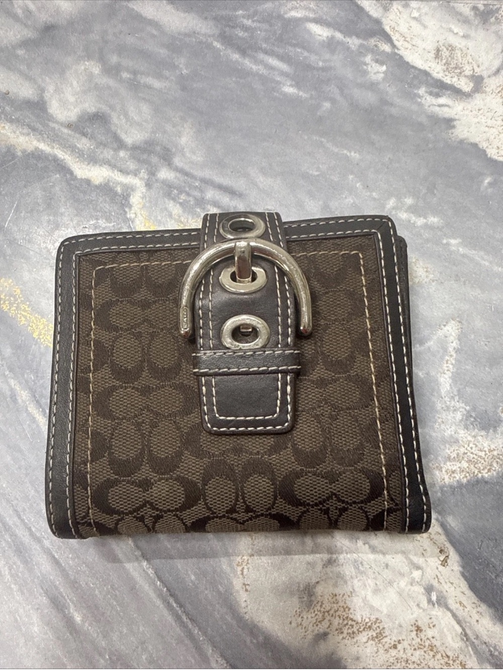 Coach Y2K Dark Brown Signature  Canvas Soho Silver Tone Buckle Small Mini Wallet